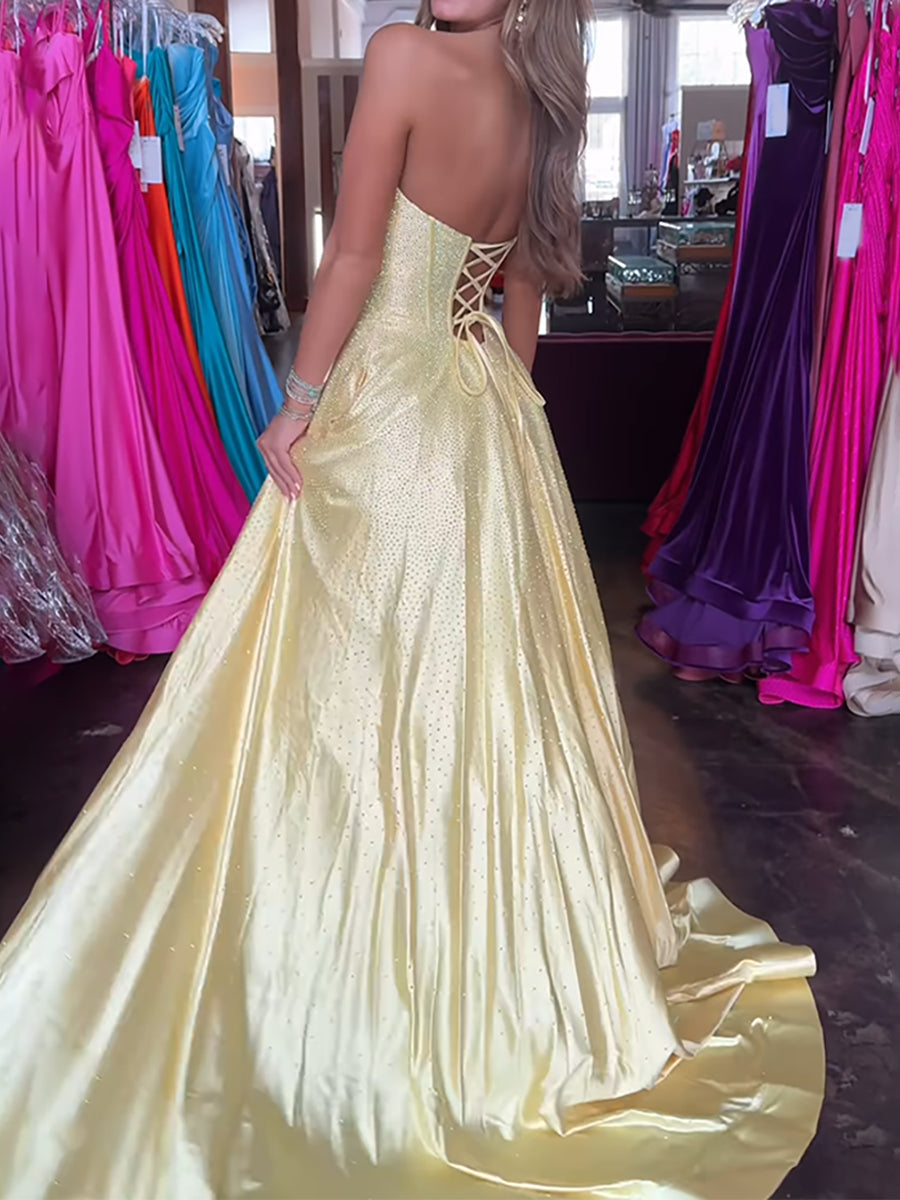 Robe de bal longue bustier en ligne A bleu royal scintillante