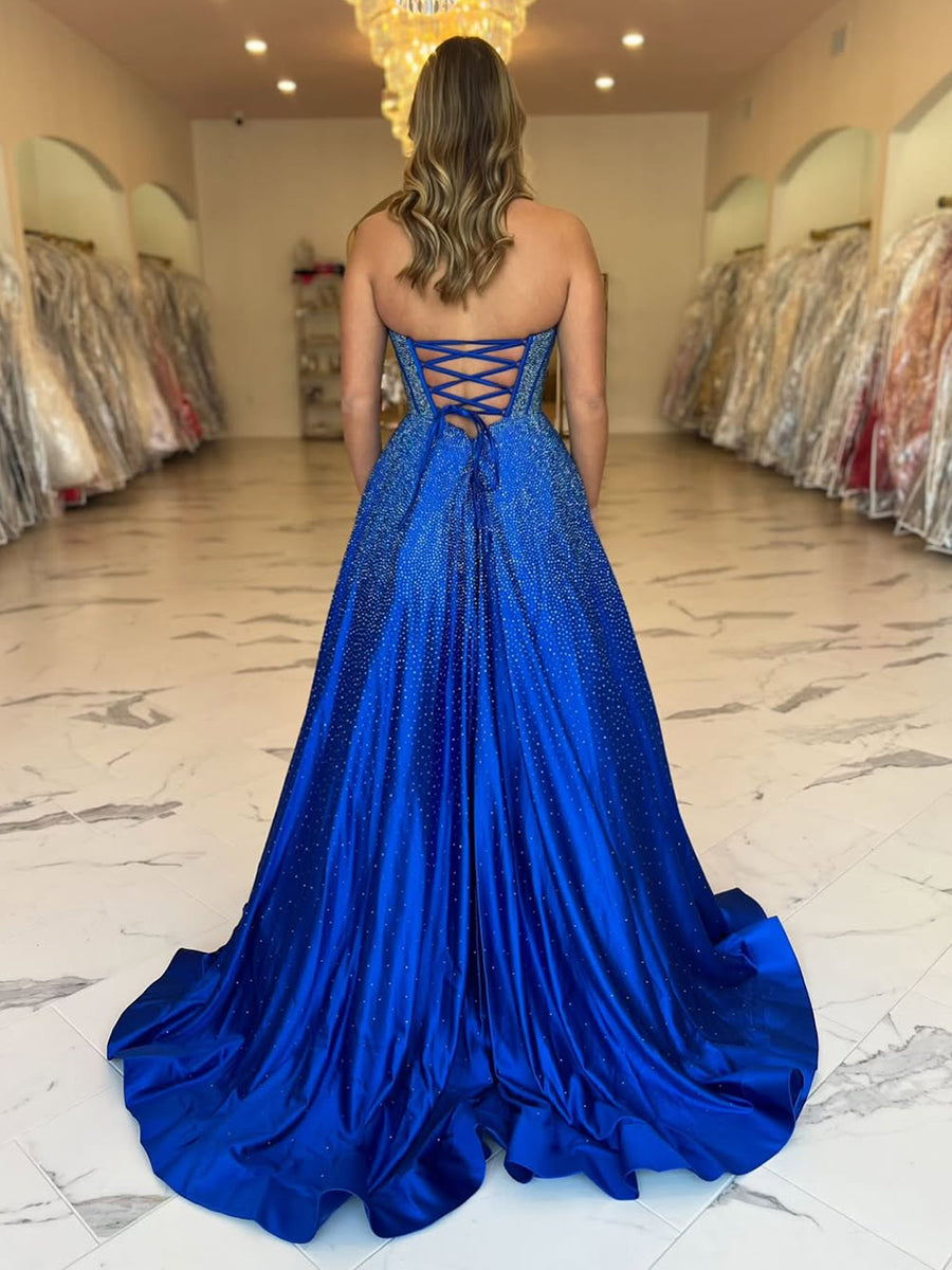 Robe de bal longue bustier en ligne A bleu royal scintillante
