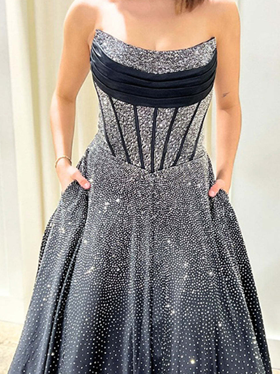 Robe de bal longue bustier en ligne A bleu royal scintillante