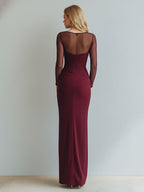 Vestido formal largo estilo sirena con escote ilusión fruncido y abertura