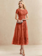 Robe de mère de la mariée A-line en tulle et dentelle, col arrondi, longueur thé