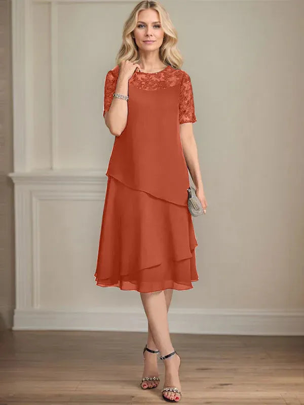 A-Linien Rundhals Illusions-Knie-Länge Spitzen-Chiffon Kleid für die Brautmutter mit Pailletten