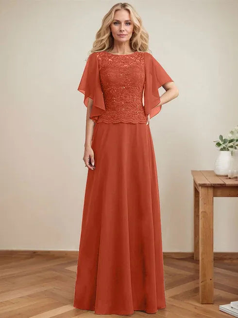 A-Linien Rundhals Illusions-Bodenlanges Spitzen-Chiffon Mutter-der-Braut-Kleid mit Pailletten