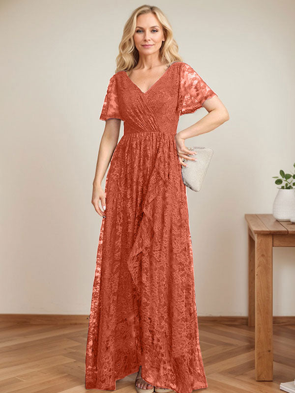 A-Linien Spitzen-Mutter-der-Braut-Kleid mit V-Ausschnitt, asymmetrisch und mit kaskadierenden Rüschen