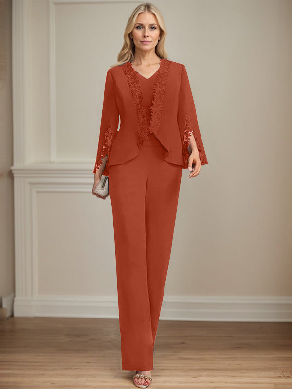 Zweiteiler Jumpsuit/Hosenanzug V-Ausschnitt bodenlanges Chiffon Mutter der Braut Kleid