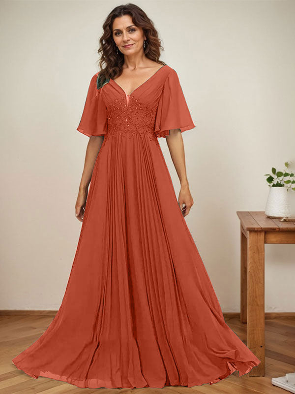 A-Linien V-Ausschnitt bodenlanges Chiffon Mutterkleid der Braut mit Pailletten-Applikationen, Spitze und Falten