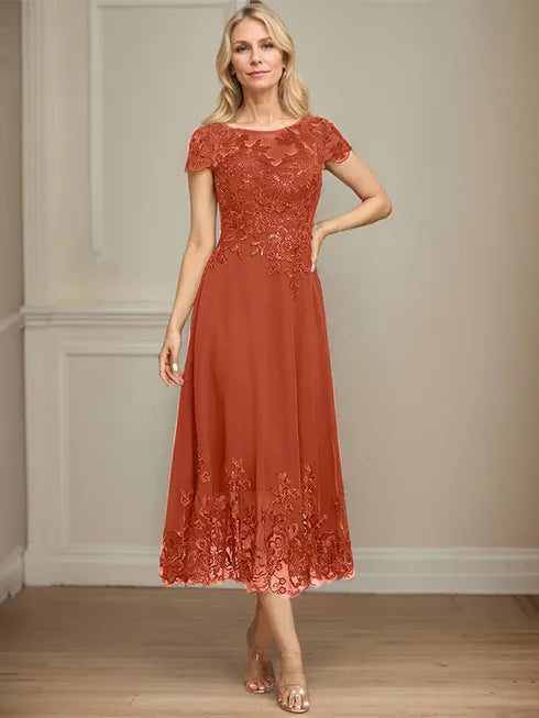 A-Linien Illusions Rundhals tea-langes Spitzenchiffon Mutter der Braut Kleid mit Pailletten