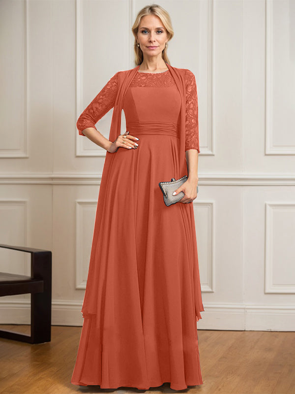 A-Linien Kleid mit Rundhalsausschnitt, Illusion, bodenlang aus Spitze und Chiffon, Mutter-der-Braut-Kleid mit Faltenwurf
