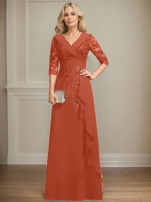 A-Linien Kleid mit Kragen, V-Ausschnitt, bodenlang, aus Spitze und Chiffon, Mutter der Braut Kleid mit Pailletten und fallenden Rüschen