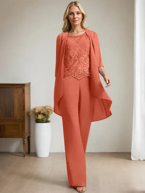 Zweiteiler Jumpsuit/Hosenanzug mit Rundhalsausschnitt, bodenlanges Chiffon-Spitzenkleid für die Mutter der Braut mit Perlen und Pailletten