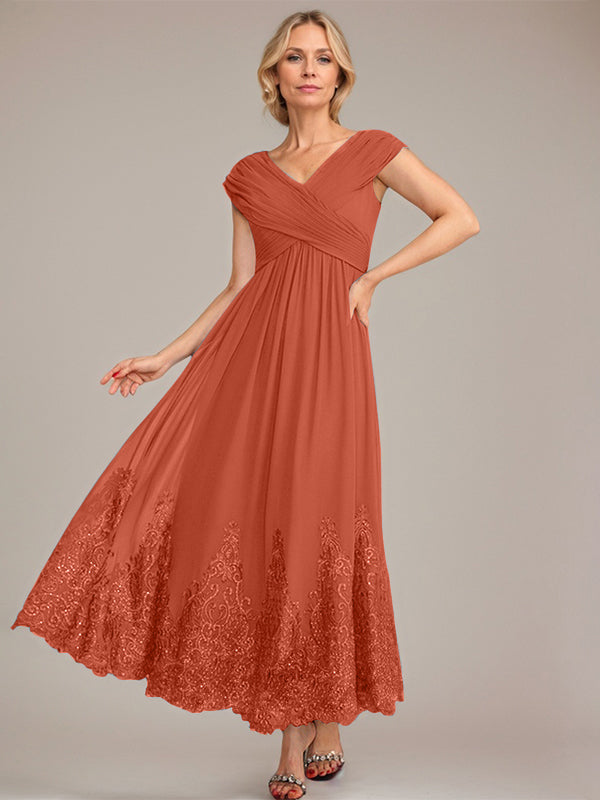 A-Linien V-Ausschnitt Knöchellanges Chiffon Kleid der Brautmutter mit Applikationen und Pailletten