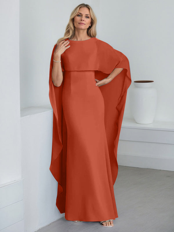 Etui-Kleid mit Rundhalsausschnitt, bodenlang, Chiffon, Mutter-der-Braut-Kleid mit kaskadierenden Rüschen