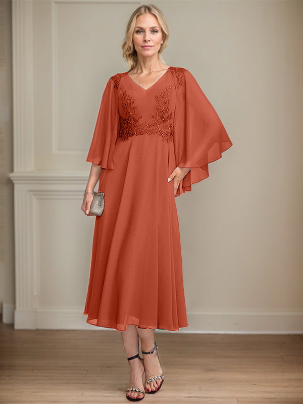 A-Linien-Brautmutterkleid aus Chiffon, V-Ausschnitt, tea-length mit Spitze, Pailletten und Perlen