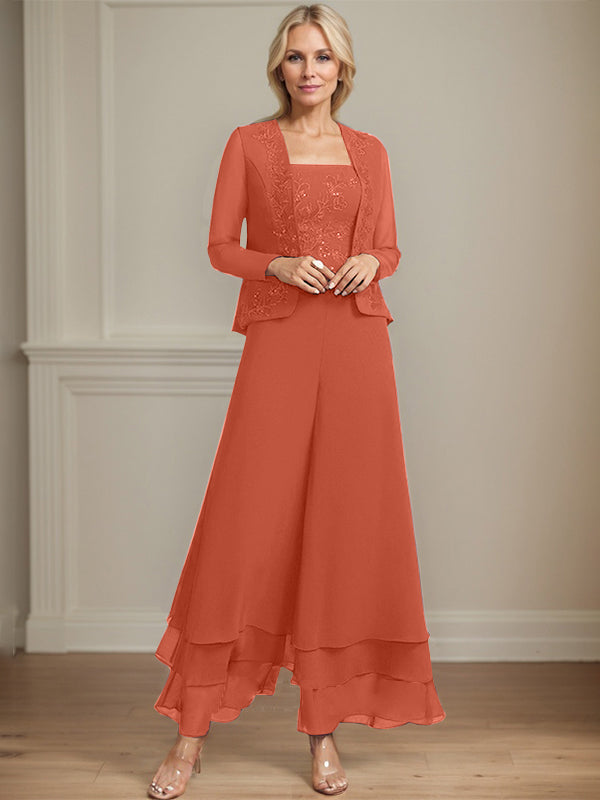 Zweiteiler Jumpsuit/Hosenanzug quadratisch knöchellang Spitze Chiffon Brautmutterkleid mit Pailletten