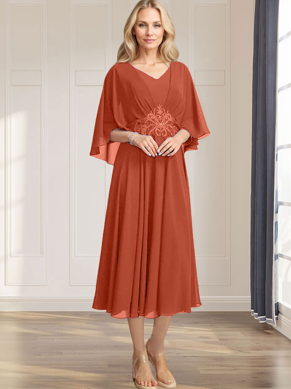 Robe de mère de la mariée en mousseline, longueur thé, col en V, en ligne A, avec appliques plissées, sequins, dentelle et perles