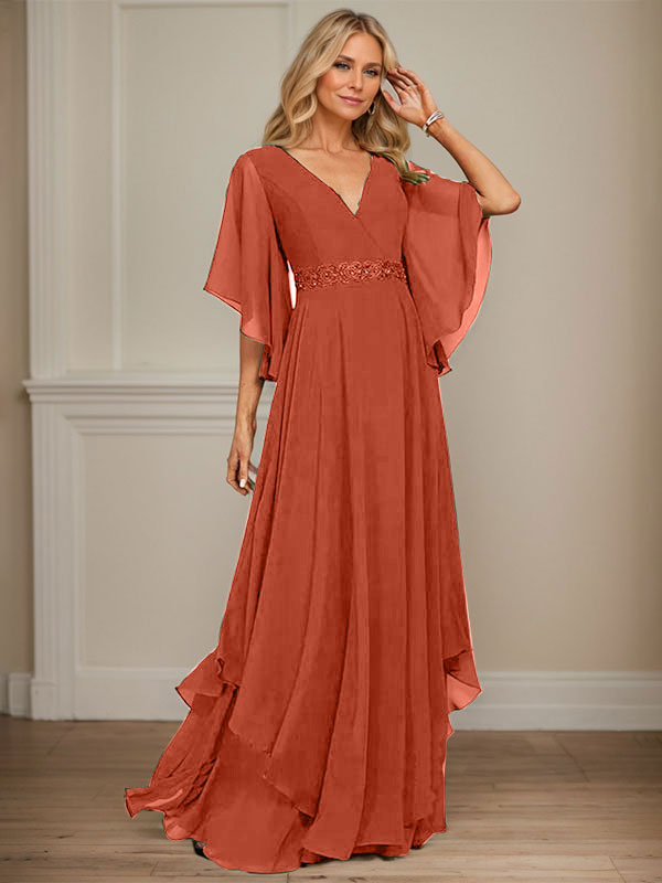 A-Linien V-Ausschnitt bodenlanges Chiffon-Mutter-der-Braut-Kleid mit Pailletten-Applikationen, Spitze und Perlen