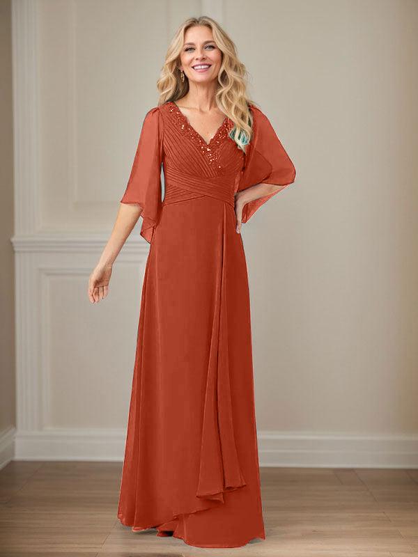 A-Linien V-Ausschnitt langes Pailletten-Chiffon Mutterkleid