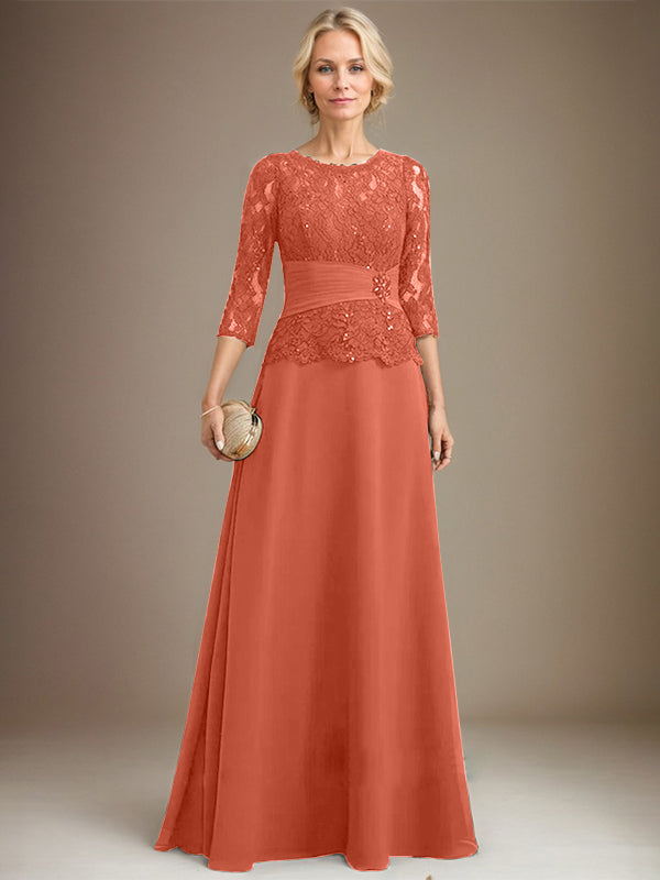 A-Linien Kleid mit Scoop-Ausschnitt, Illusion, bodenlangem Chiffon und Spitze, Mutter-der-Braut-Kleid mit plissierten Pailletten und Perlenbesatz