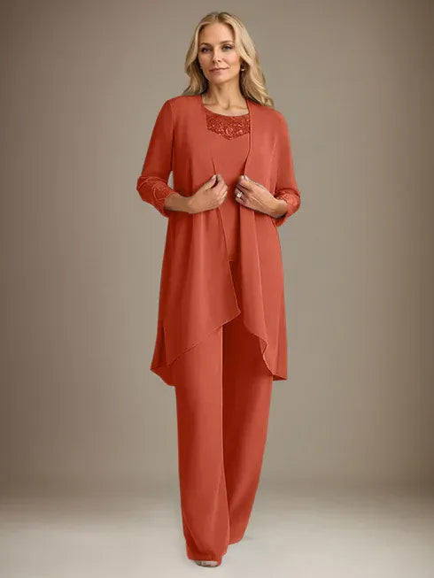 Chiffon Kleid mit Rundhalsausschnitt und langen Ärmeln, Mutter-der-Braut Hosenanzug mit Jacke