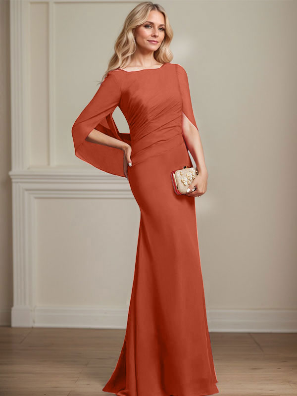 Trompeten-/Meerjungfrauen-Chiffonkleid mit Bootsausschnitt, bodenlang, plissiert, Brautmutterkleid