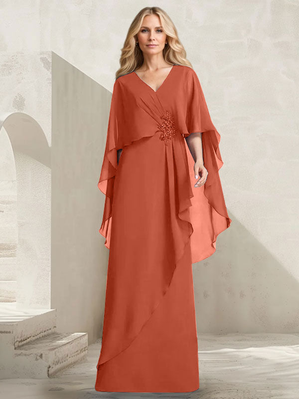 Robe mère de la mariée longue en chiffon coupe trapèze à col en V avec volants en cascade et perles