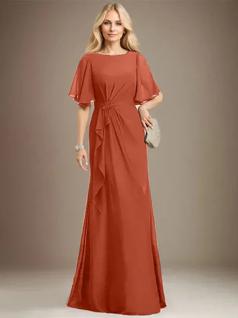 A-Linien Rundhals bodenlanges Chiffon Mutter der Braut Kleid mit kaskadierenden Rüschen Perlen Pailletten