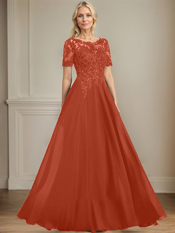 A-Linien Rundhals Illusions-Bodenlanges Chiffon-Spitzenkleid für die Mutter der Braut mit Pailletten und Perlen