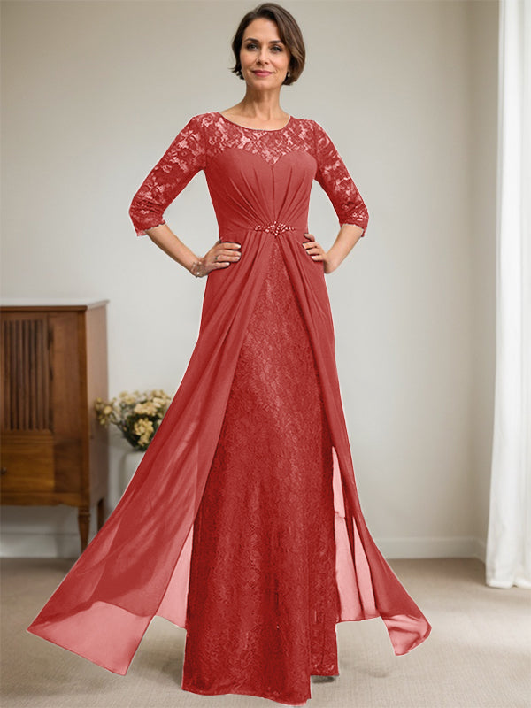 A-Linien Rundhalsausschnitt Illusions-Bodenlanges Spitzen-Chiffonkleid für die Brautmutter mit Perlen und Volants