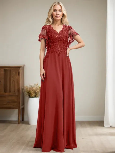 Robe mère de la mariée ligne A col en V longue en dentelle et chiffon avec sequins