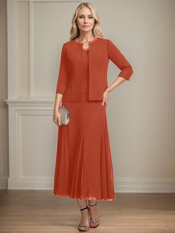 Separates A-Linien Chiffonkleid mit Rundhalsausschnitt, tea-length, Mutter der Braut mit Pailletten und Perlen