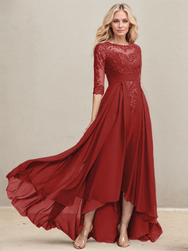 A-Linien Ausschnitt Illusions Asymmetrisches Spitzen-Chiffon Kleid für die Mutter der Braut mit plissierten Pailletten