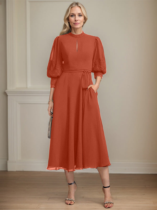 A-Linien Kleid mit hohem Kragen, tea-länge, Spitze und Chiffon, Brautmutterkleid mit Schleife