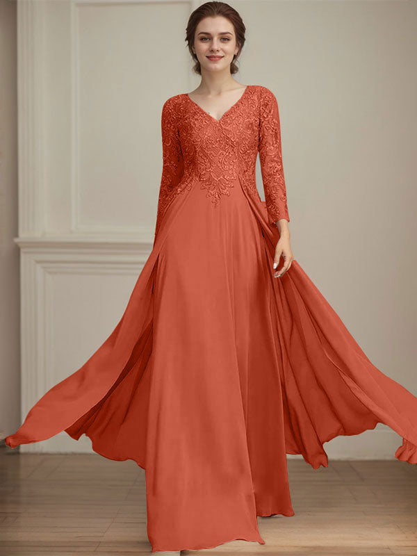 A-Linien V-Ausschnitt Bodenlanges Spitzen-Chiffon Kleid für die Brautmutter mit Pailletten