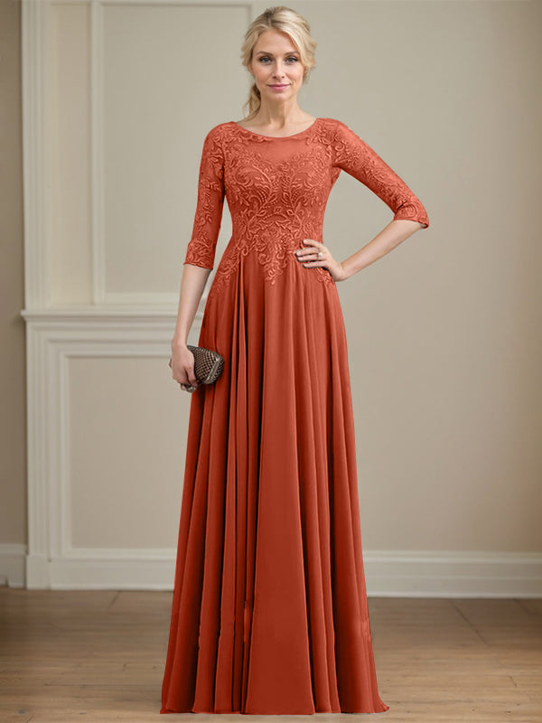 A-line Scoop Illusion Floor-Length Lace Chiffon Mother of the Bride Dress With Sequins