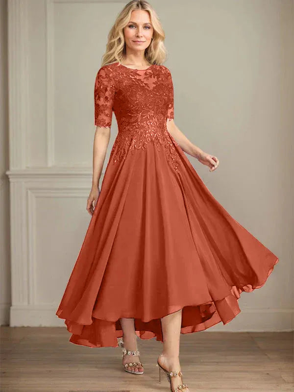 A-Linien Scoop-Ausschnitt Illusion asymmetrisches Chiffon-Spitzen-Mutter-der-Braut-Kleid mit Pailletten