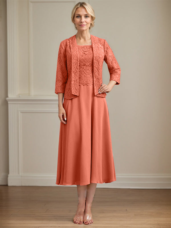 A-Linien Kleid mit Rundhalsausschnitt, tea-länge, Spitze und Chiffon, Mutter der Braut Kleid