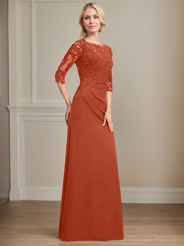 A-Linie Rundhals bodenlanges Chiffon Spitzen Brautmutterkleid mit Perlen Falten Pailletten