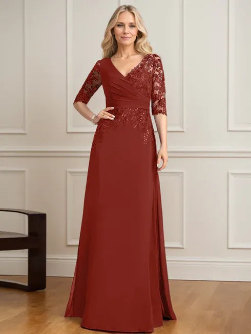 A-Linien V-Ausschnitt bodenlanges Spitzen-Chiffon Kleid der Brautmutter mit plissierten Pailletten