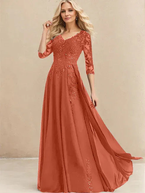 A-Linien V-Ausschnitt Bodenlanges Spitzen-Chiffon Kleid für die Brautmutter mit Pailletten