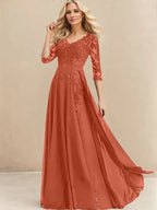 A-Linien V-Ausschnitt Bodenlanges Spitzen-Chiffon Kleid für die Brautmutter mit Pailletten