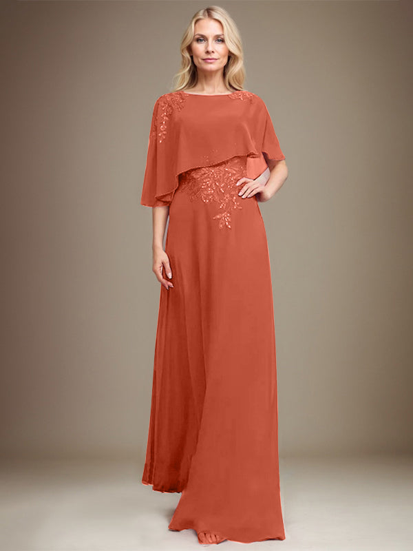 A-Linie Rundhals Bodenlanges Chiffon-Spitzenkleid für die Brautmutter mit Pailletten und Perlen
