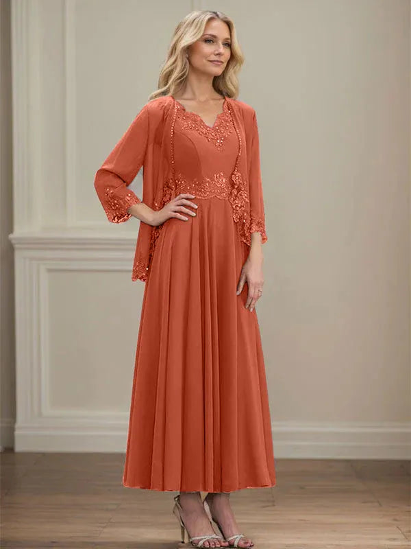 A-Linien Kleid mit V-Ausschnitt, knöchellang, aus Chiffon, Mutter der Braut Kleid mit Pailletten, Applikationen, Spitze und Perlenbesatz