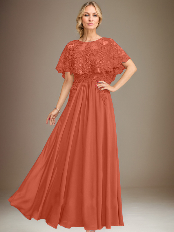 A-Linien Spitzen-Chiffon-Mutter-der-Braut-Kleid mit Bootsausschnitt, bodenlang und Applikations-Pailletten