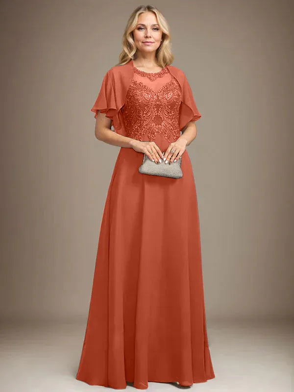 Vestido de madre de la novia de encaje y gasa con ilusión, escote redondo en línea A, largo hasta el suelo con lentejuelas