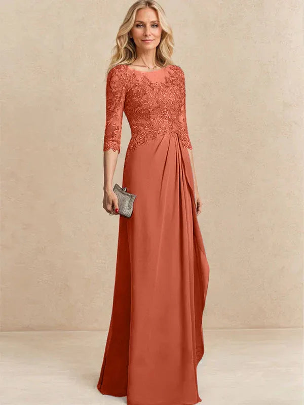 Vestido para la madre de la novia línea A con escote redondo ilusión, largo hasta el suelo, de gasa y encaje con cuentas, lentejuelas y volantes en cascada