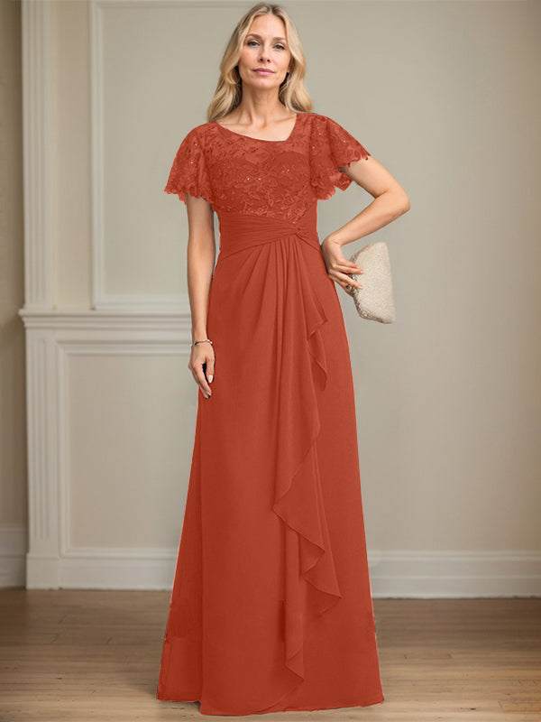 A-Linie asymmetrisches Illusions bodenlanges Spitzen-Chiffon Brautmutterkleid mit kaskadierenden Volants und Pailletten