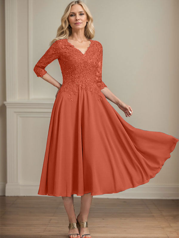 Robe de mère de la mariée en mousseline longueur thé, ligne A, col en V, en dentelle avec perles et sequins