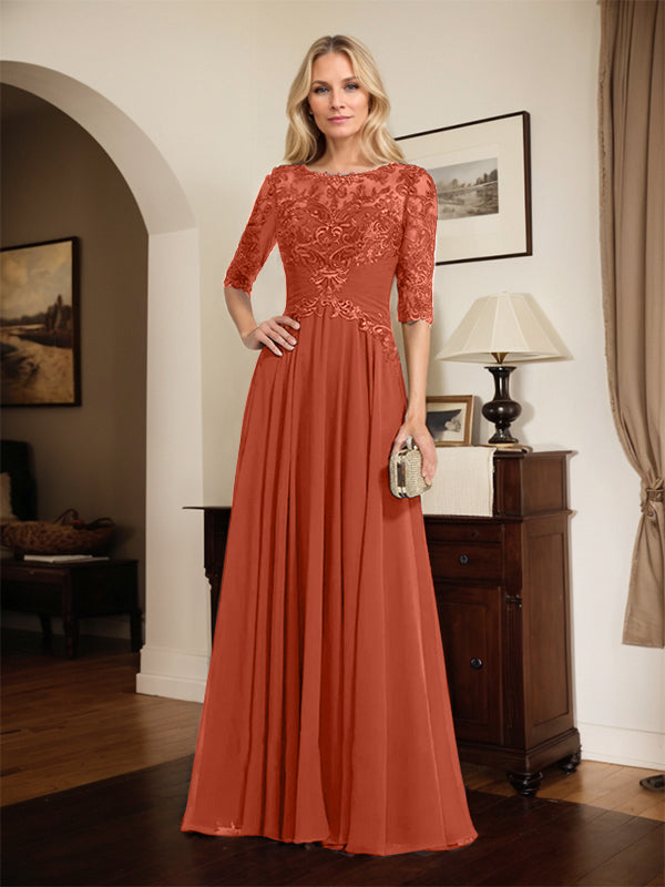 A-Linien Ausschnitt Illusions-Bodenlanges Chiffon-Spitzenkleid für die Mutter der Braut mit plissierten Pailletten