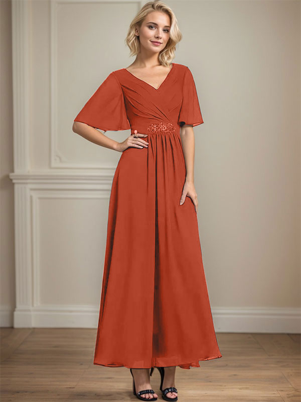 A-Linien V-Ausschnitt Knöchellanges Chiffon Kleid für die Brautmutter mit plissierten Perlen und Pailletten