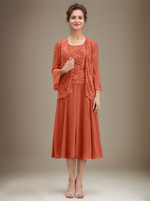 A-Linien Spitzen-Chiffon-Brautmutterkleid mit V-Ausschnitt, tea-length, mit Pailletten